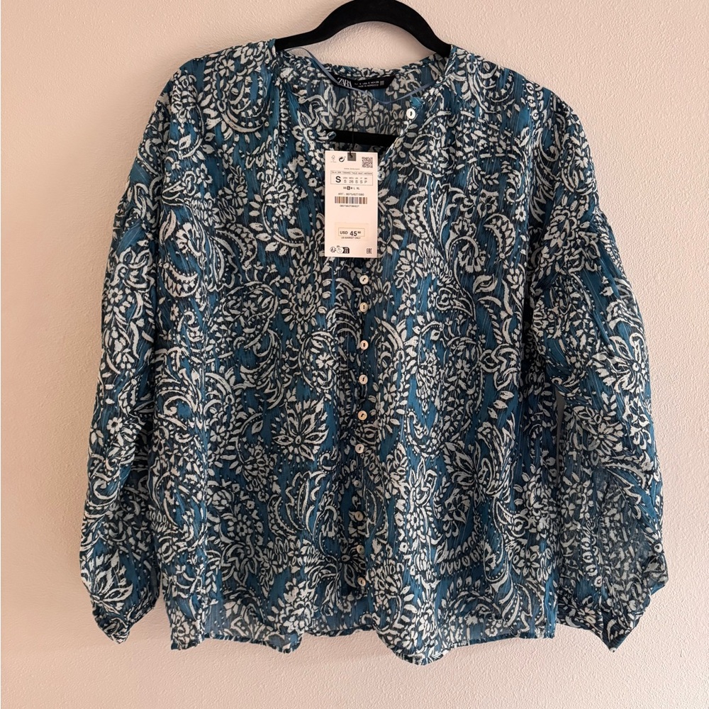 Zara Teal Paisley Long-Sleeve Women's Blouse S